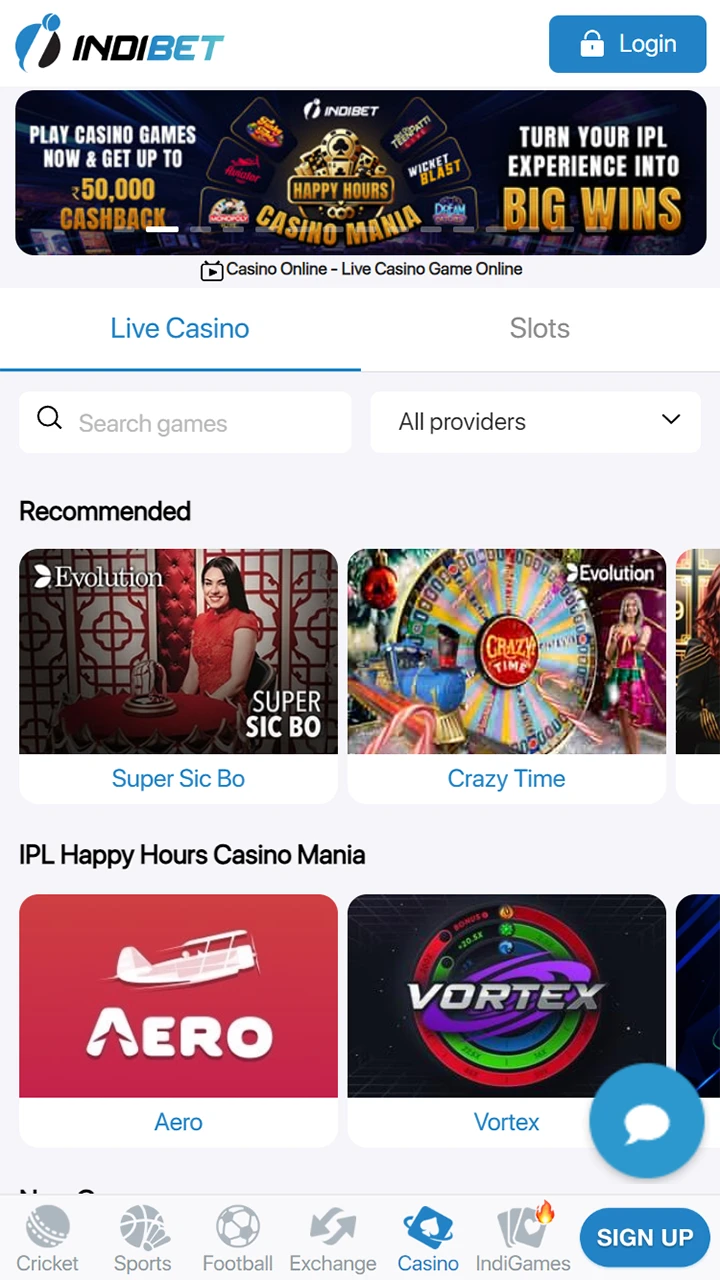 Indibet mobile version casino page.