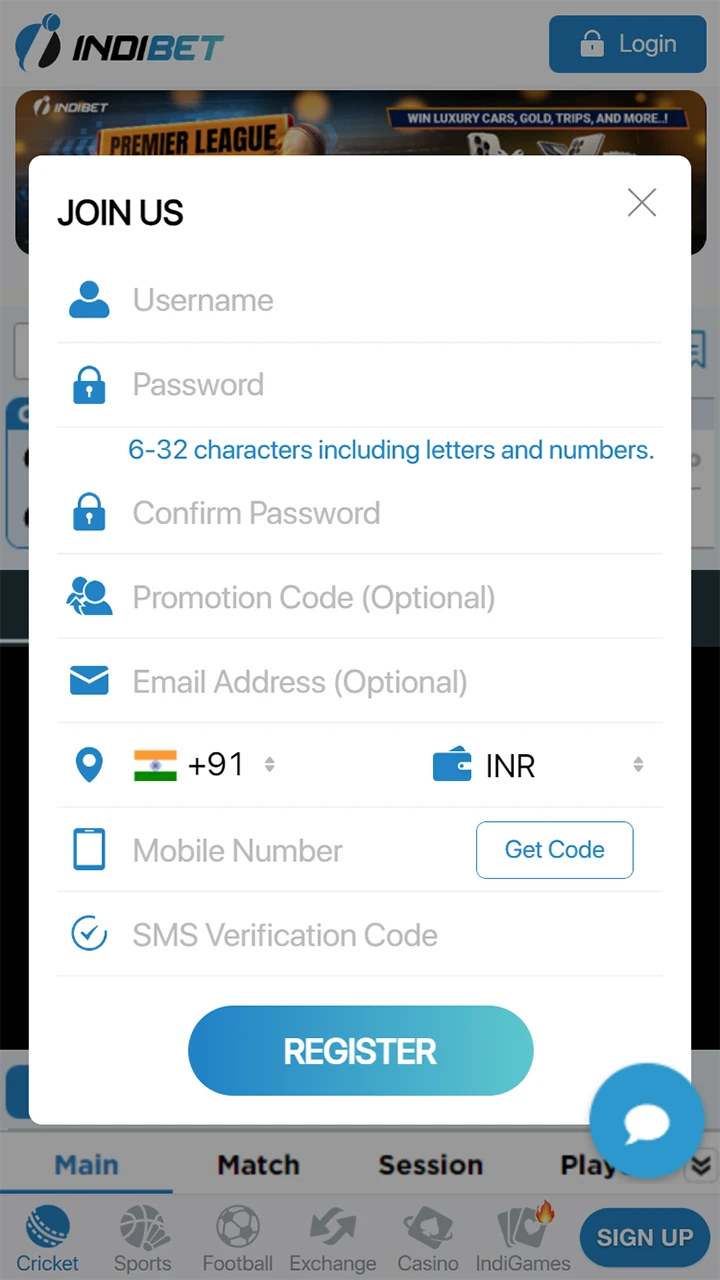 Indibet mobile registration page.