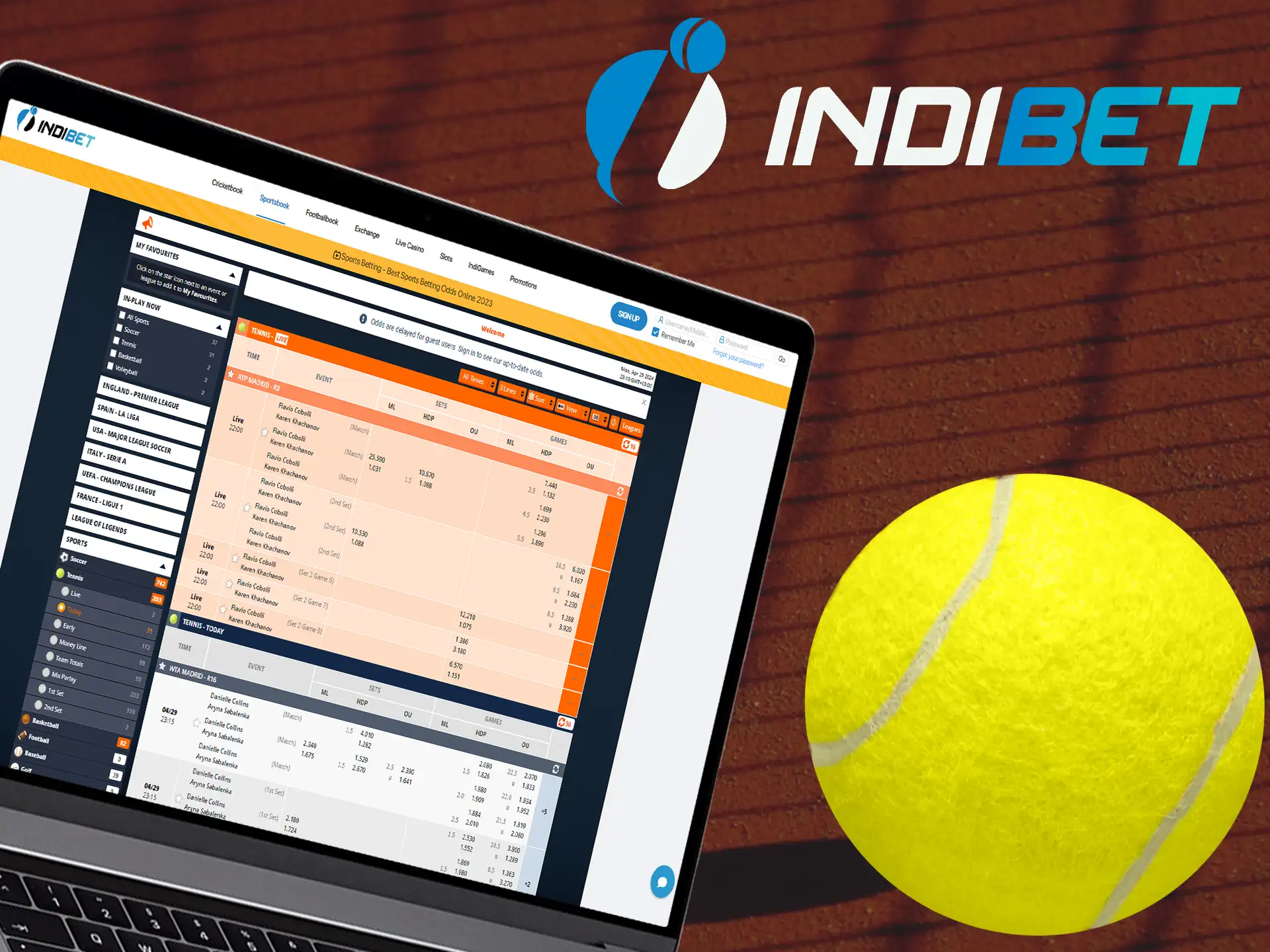 Indibet offers betting opportunities on major tennis tournaments.