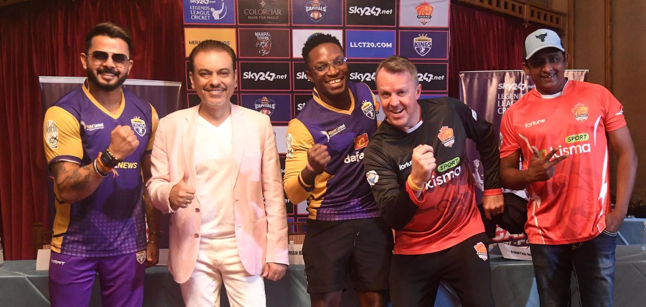 From (L) S Sreesanth, Mr Raman Raheja, Co-Founder & CEO Legends League Cricket, Fidel Edwards, Graeme Swann and Ajantha Mendis during the Legends League Cricket press conference in New Delhi