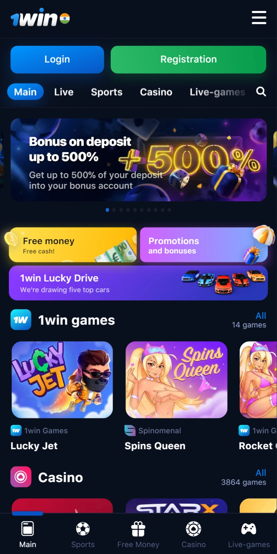 1Win has an application with large sports and casino sections.