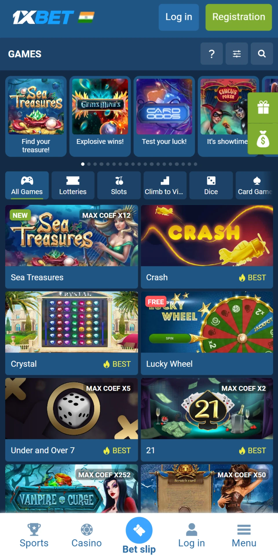 The 1xBet app has a variety of casino games such as slots, live casino, etc.