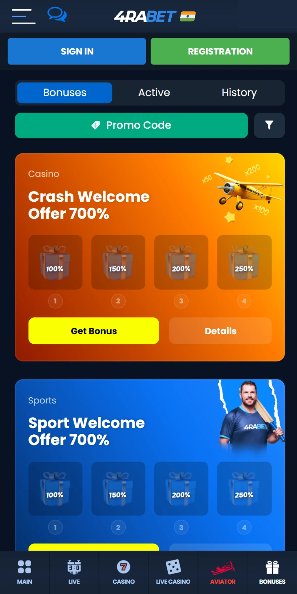 In the 4RaBet app you will find many sports bonuses and casino bonuses.