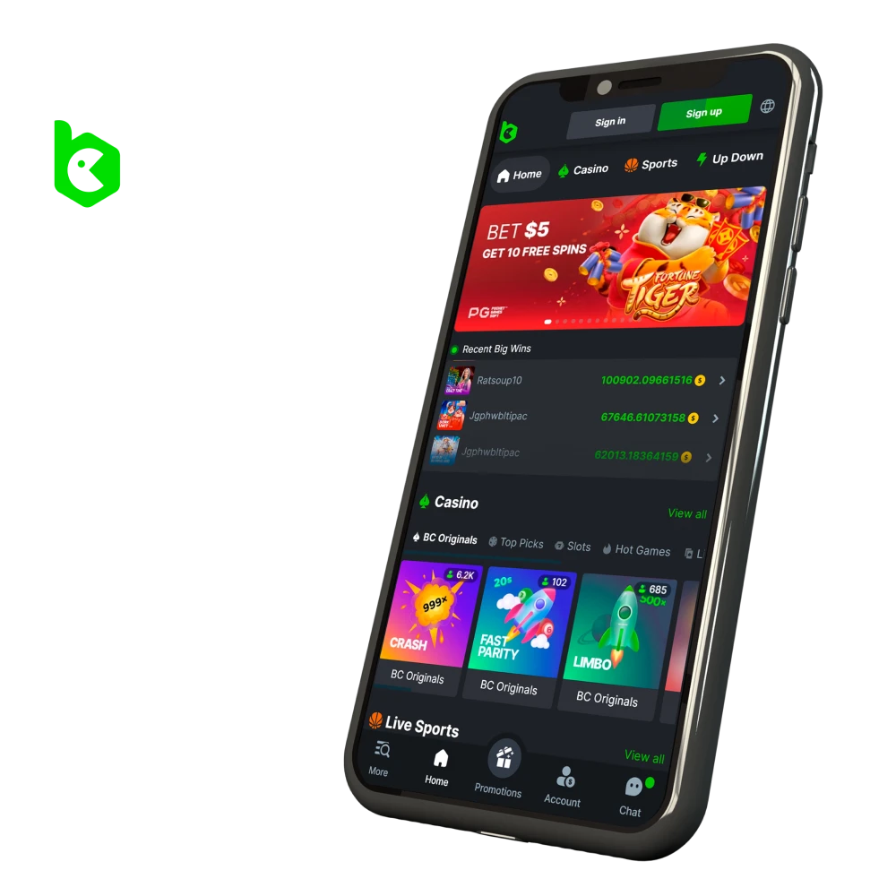 Smartphone displaying BC.Game app with a variety of games and betting options