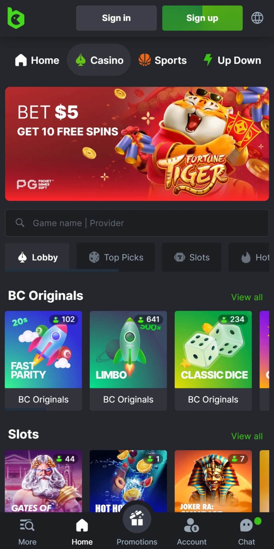 Play casino games on the BC Game app.