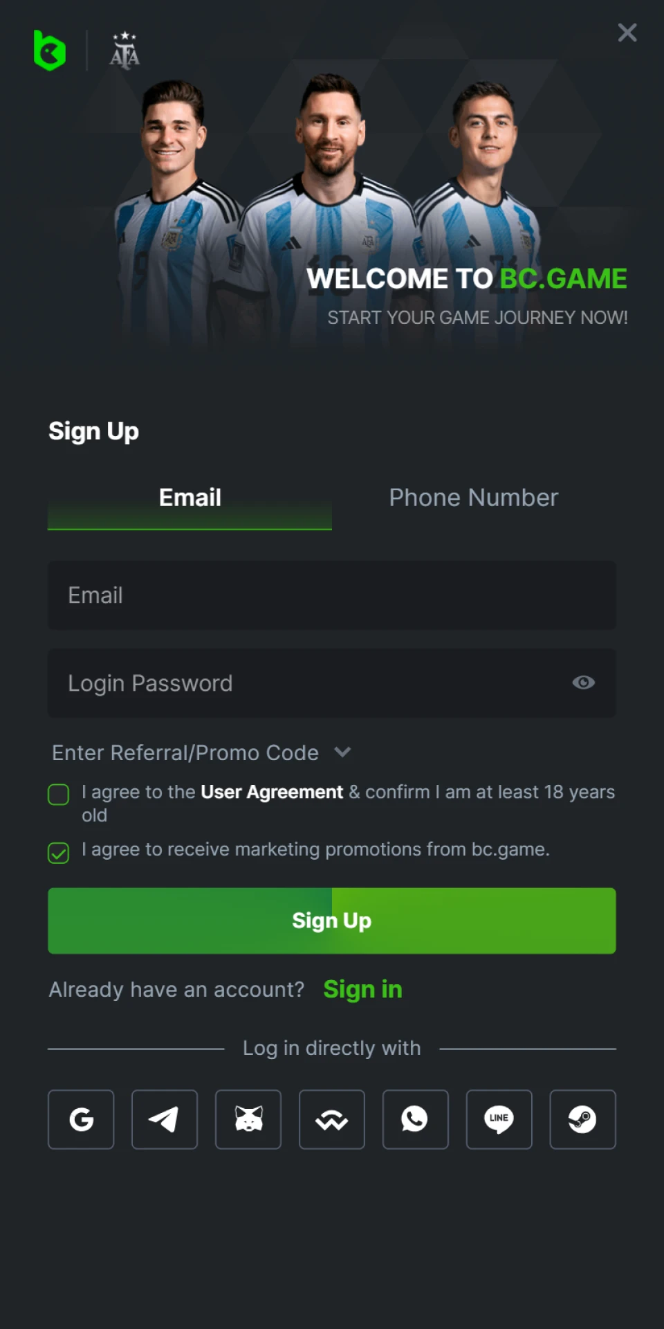 The BC Game app has easy registration.