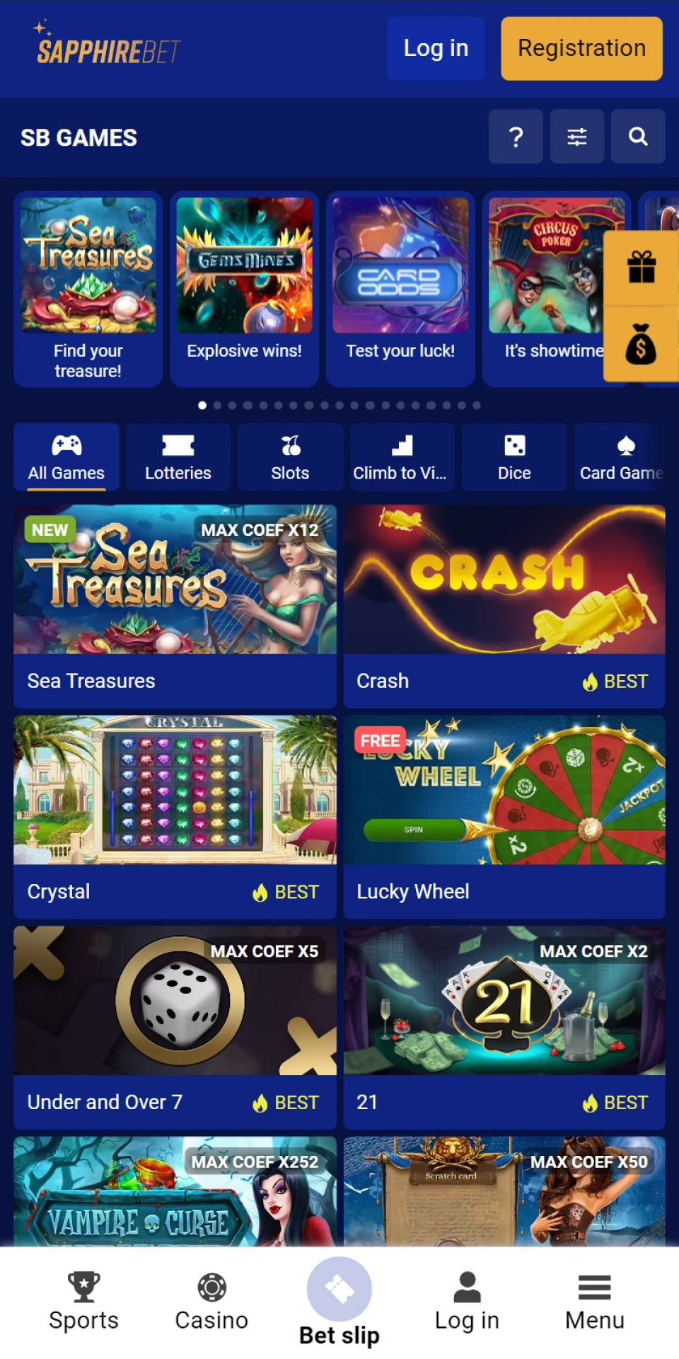 In the Sapphirebet application you can not only place bets, but also gamble.