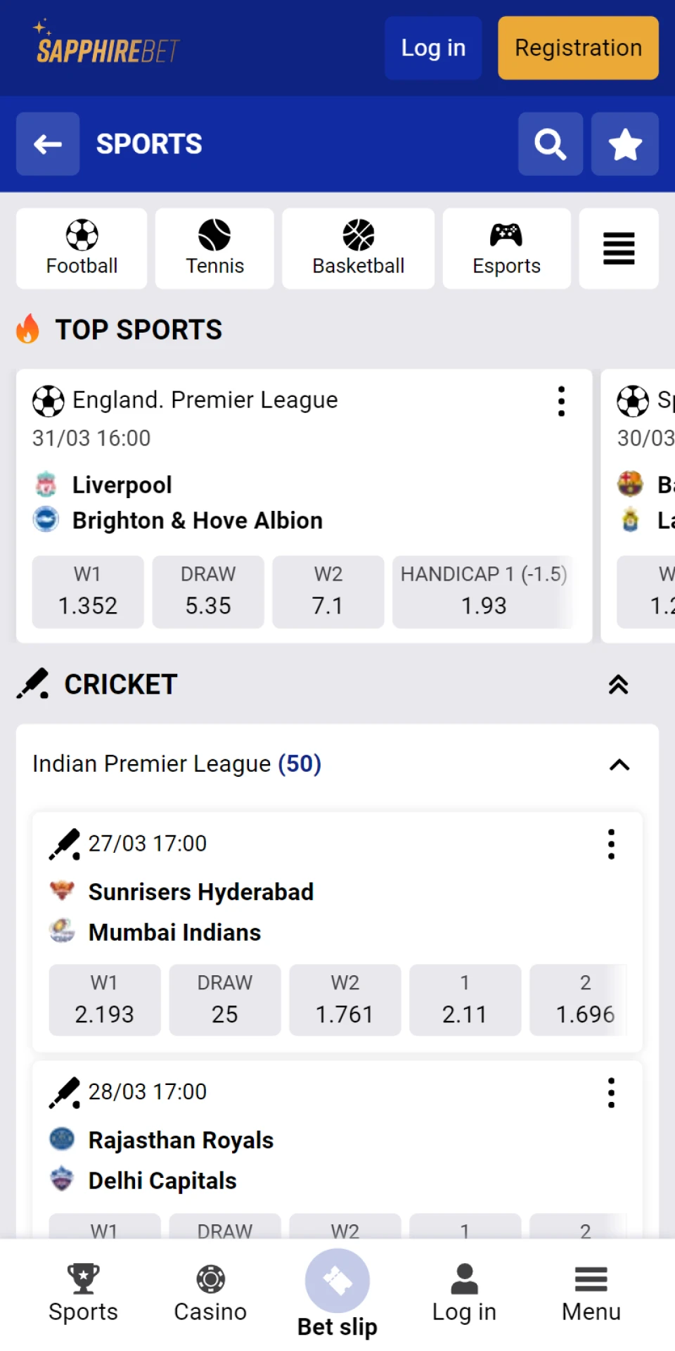 The Sapphirebet app has a large sports section.