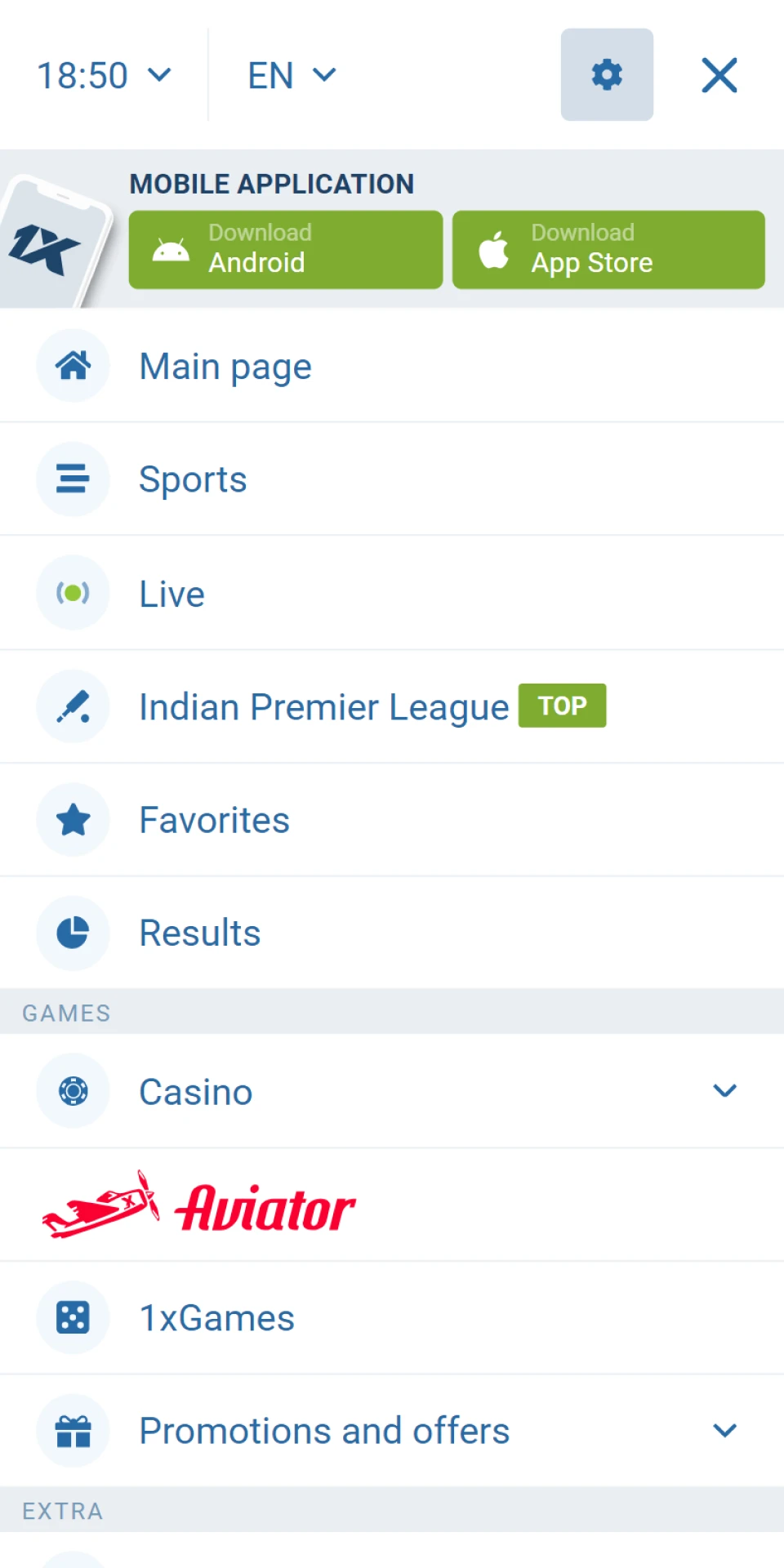 Open the 1xBet website menu and find the app download section.