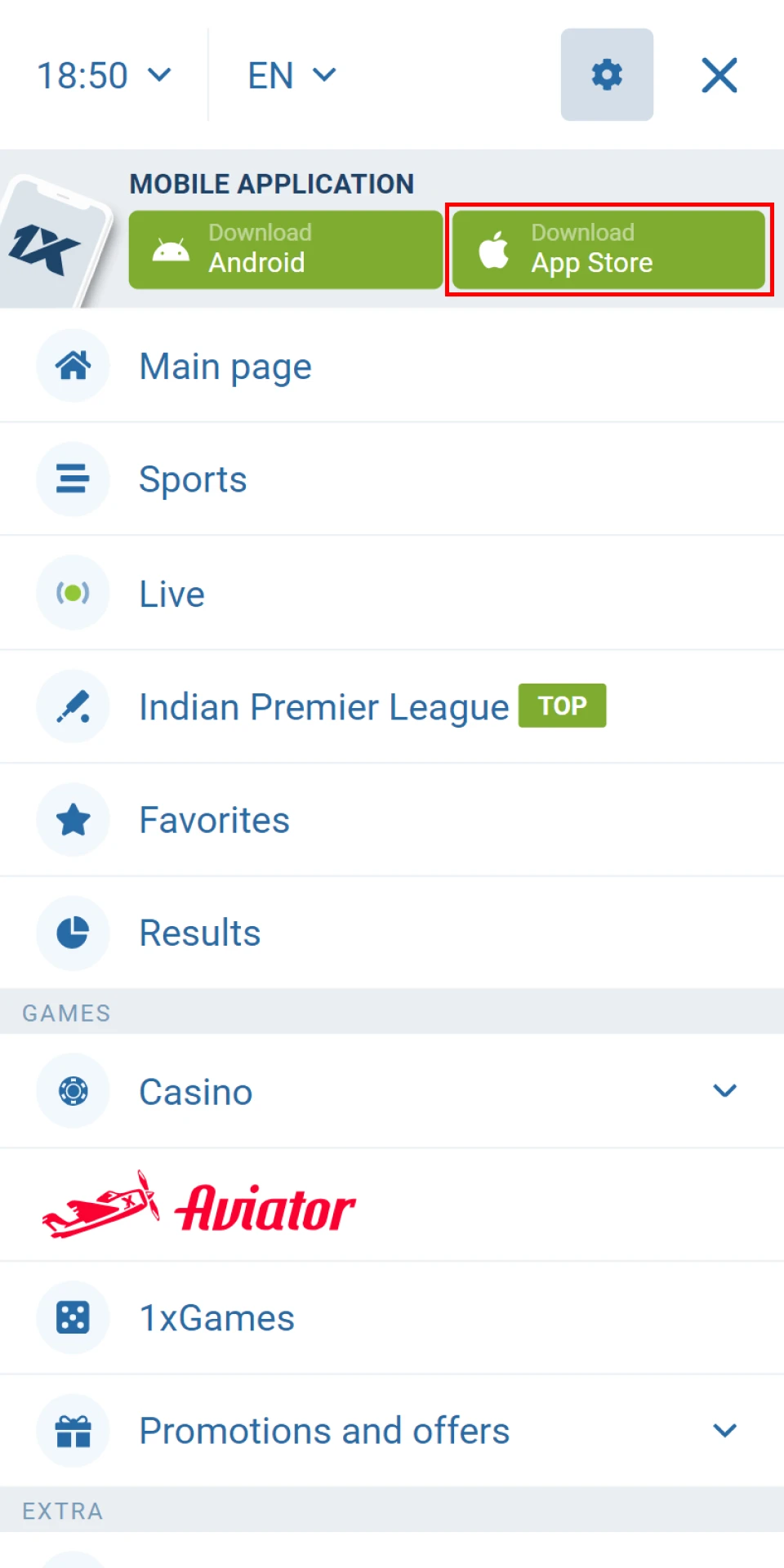 On the 1xBet mobile site, open the menu and find the app download section.