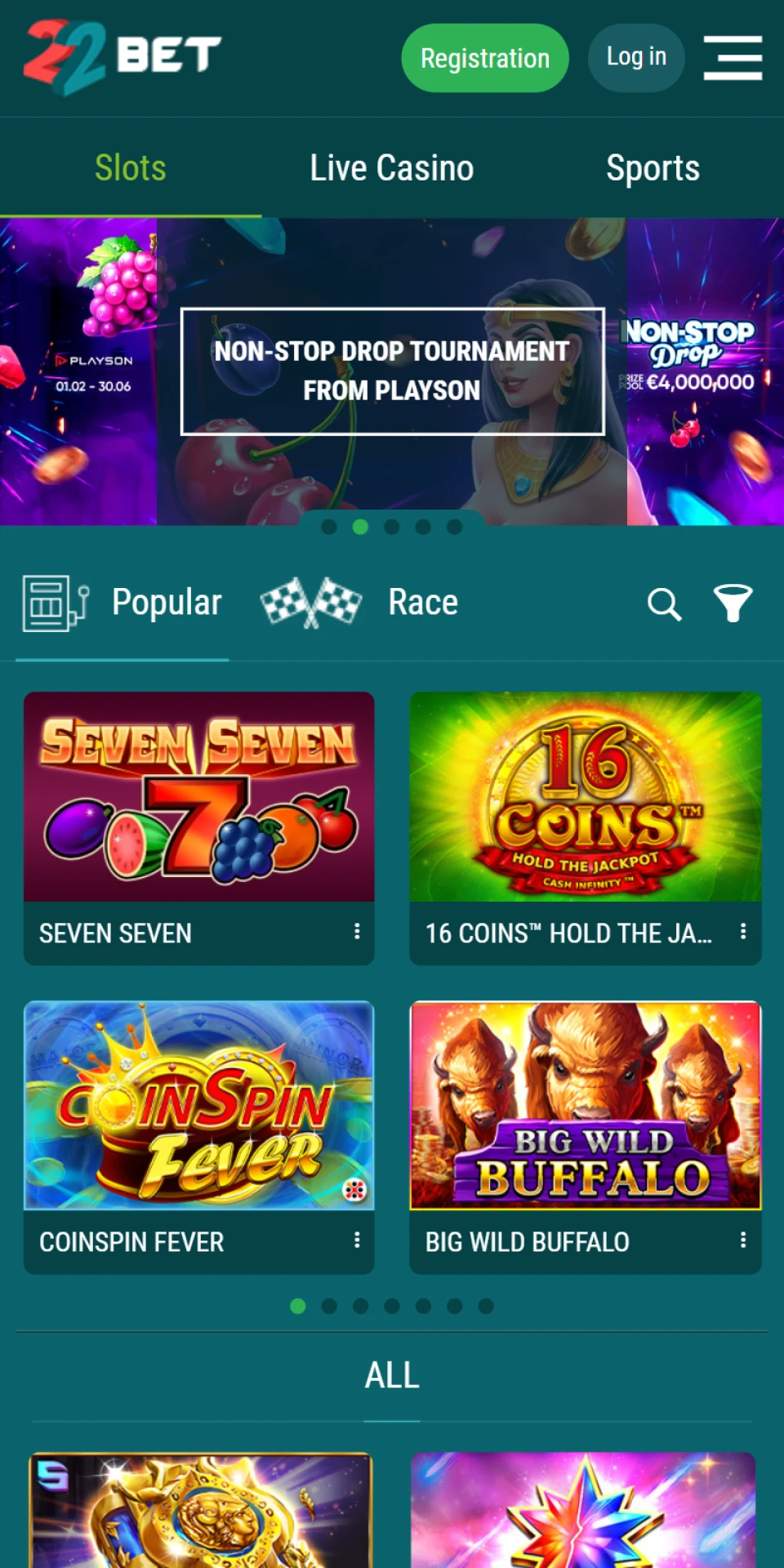 Choose your favorite casino game and start playing on the 22bet mobile app.