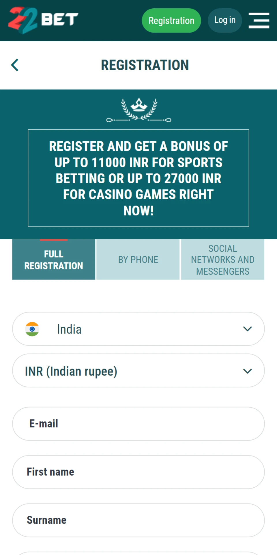 Register in the 22bet mobile app in seconds.