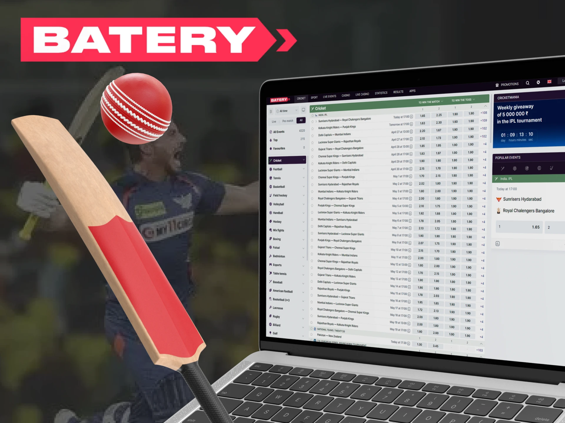 Place your bet on your favorite cricket team at Batery.