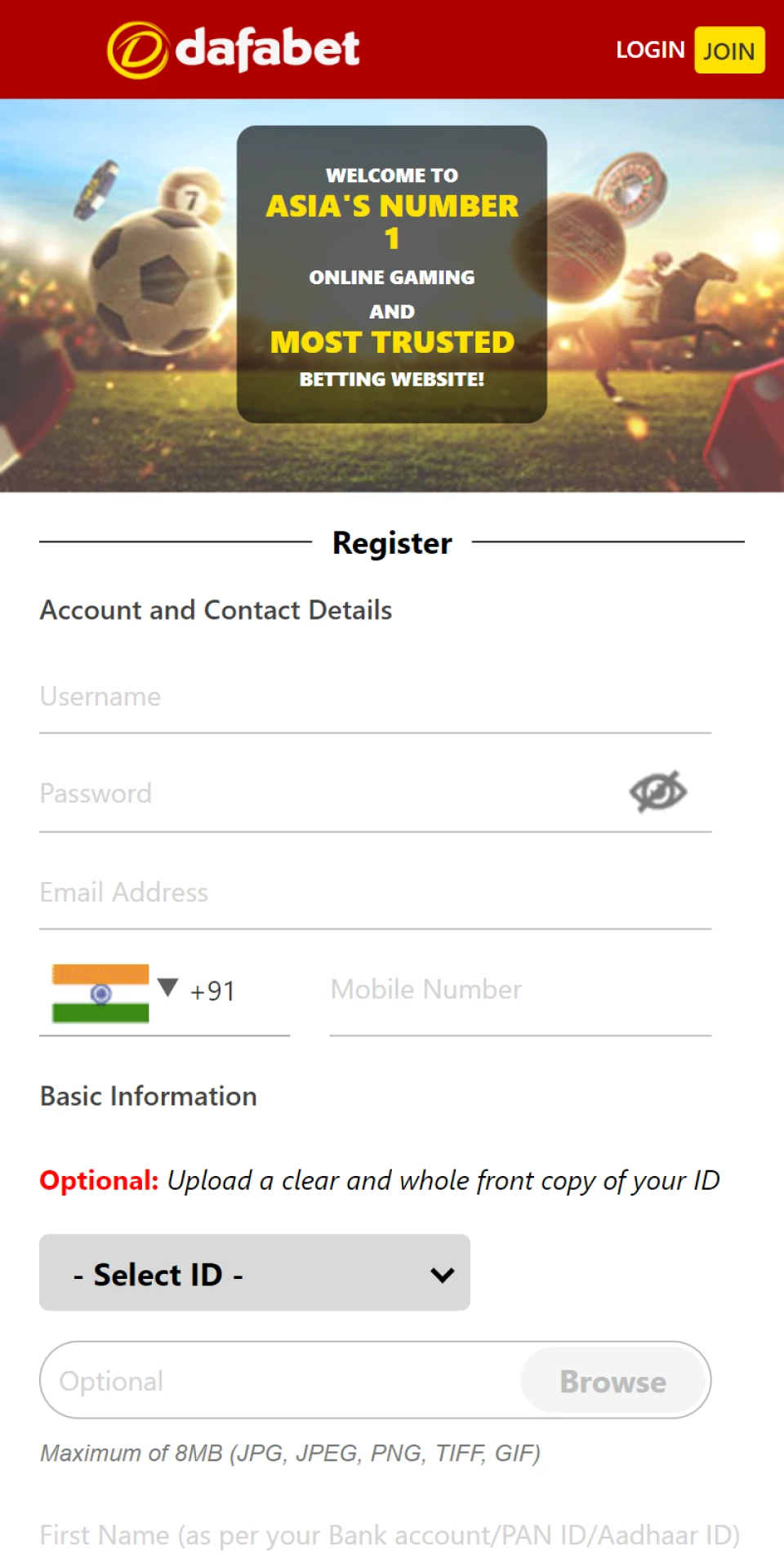 You can register directly from the Dafabet mobile app.