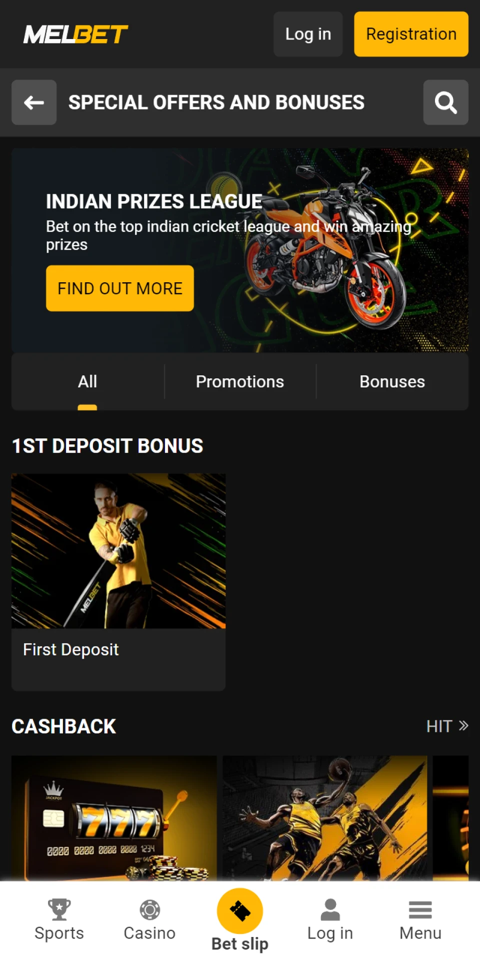 The Melbet mobile app has a large section with various bonuses.
