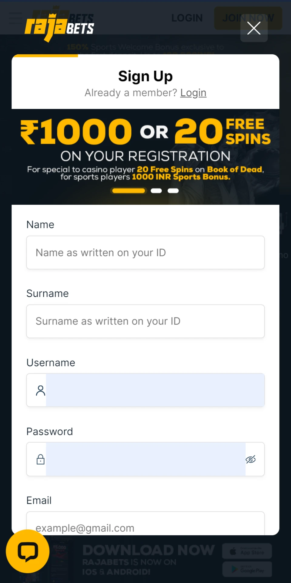 Login or register on the Rajabets website.