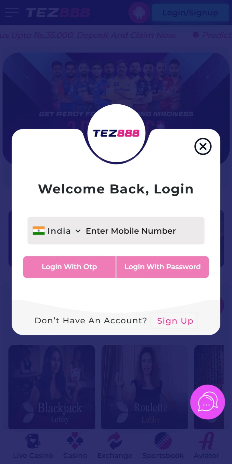 Log in to your account on the Tez888 mobile site using your iOS device.