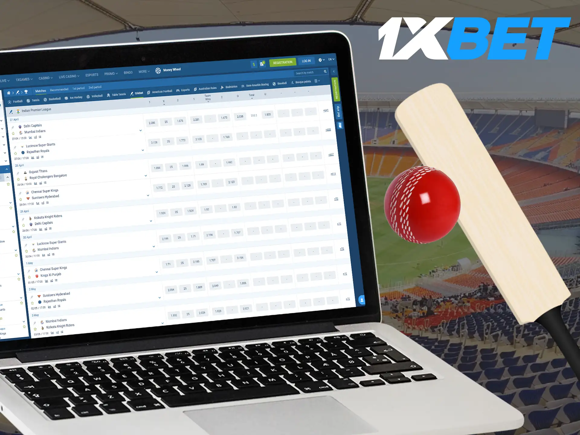 A wide range of cricket matches are offered by 1xBet sport bookmaker on which users can bet online.