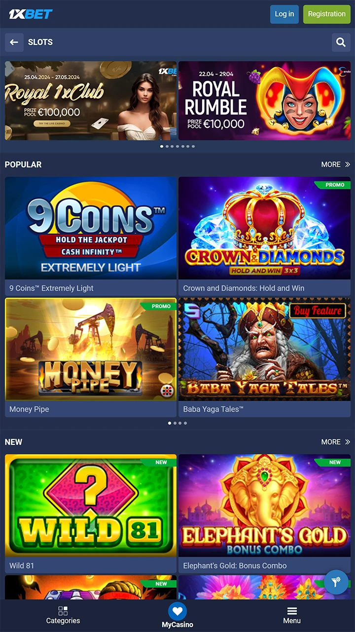 The casino section of the 1xBet website, where all the gambling games that users can play are presented.