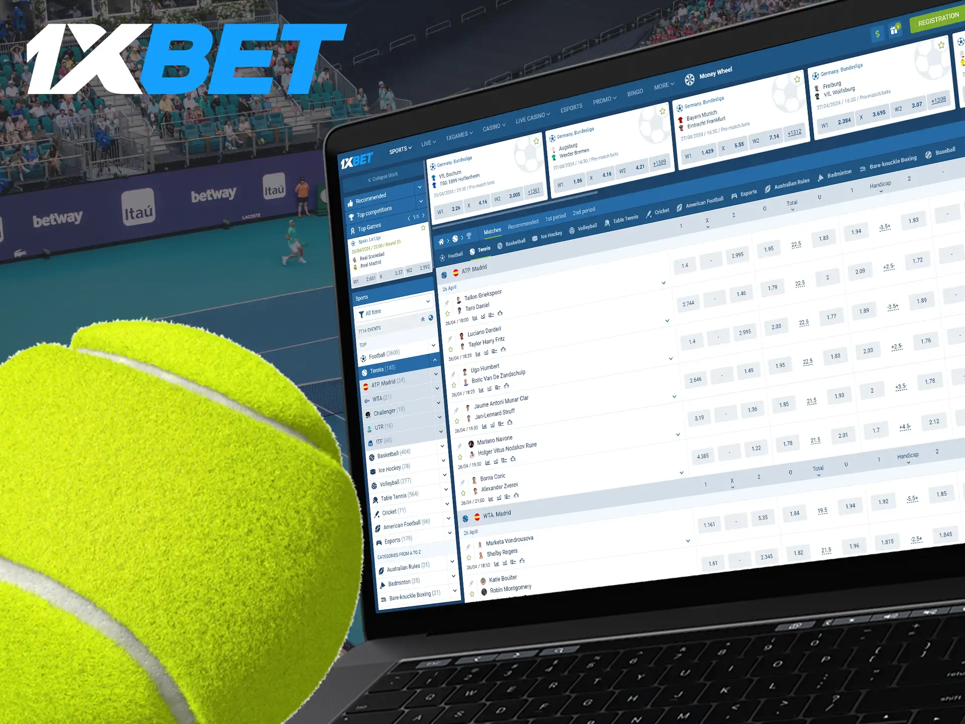 Various tennis matches are offered by the bookmaker 1xBet, on which you can bet online.