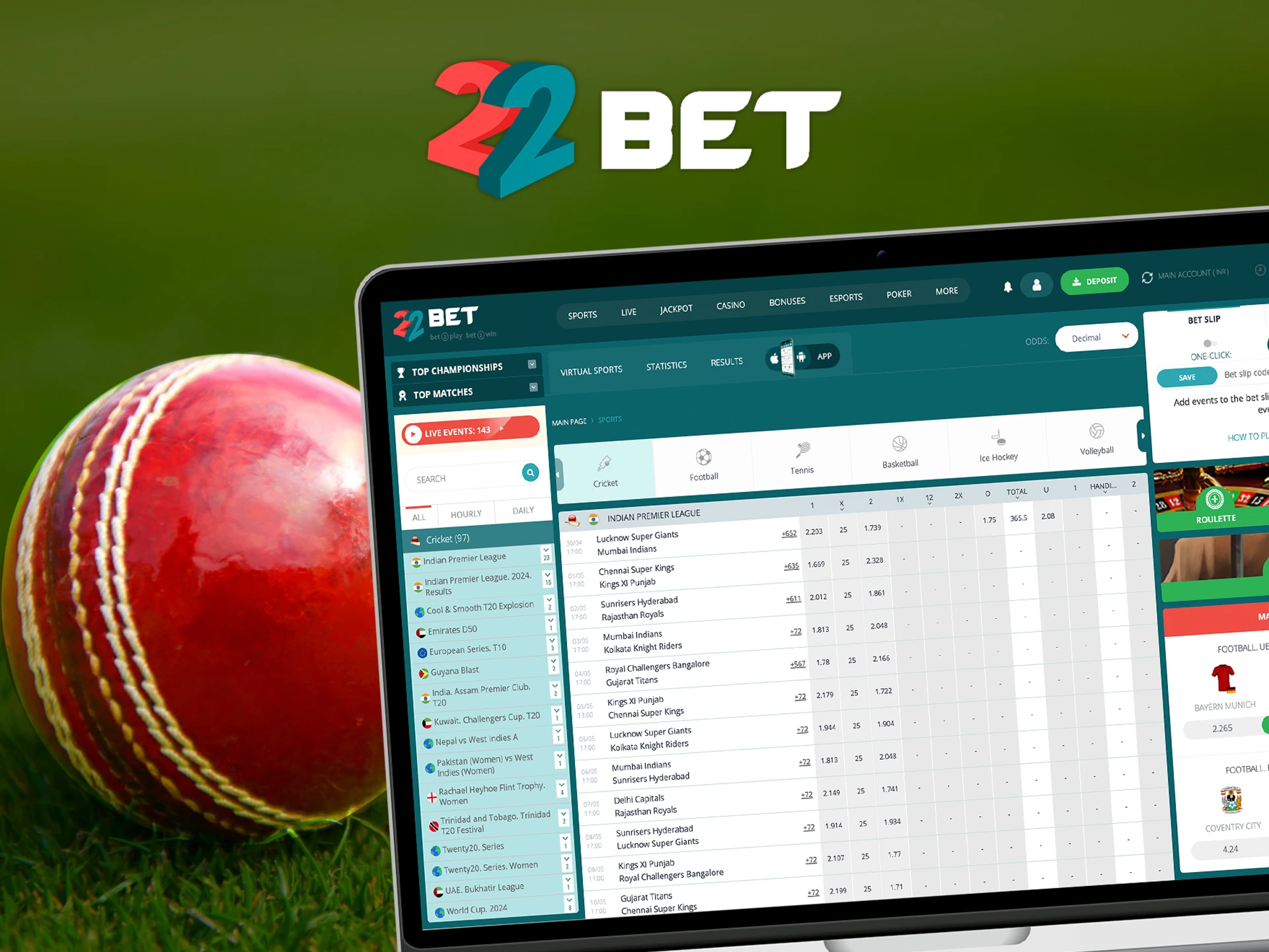 Place your cricket bet at 22Bet casino.