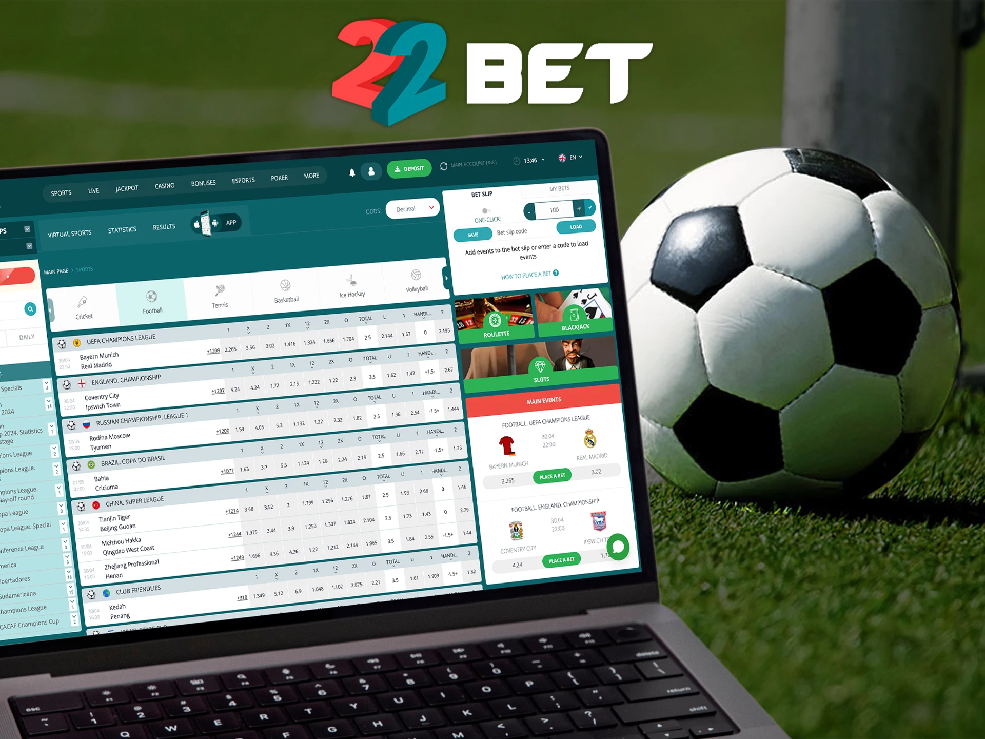 Bet on your favourite football team with 22Bet.