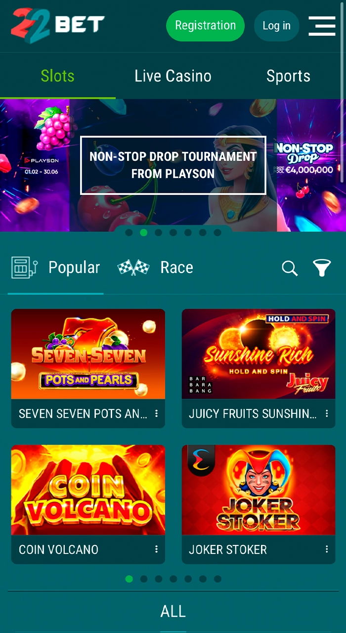 Play your favourite games on the mobile version of 22Bet.