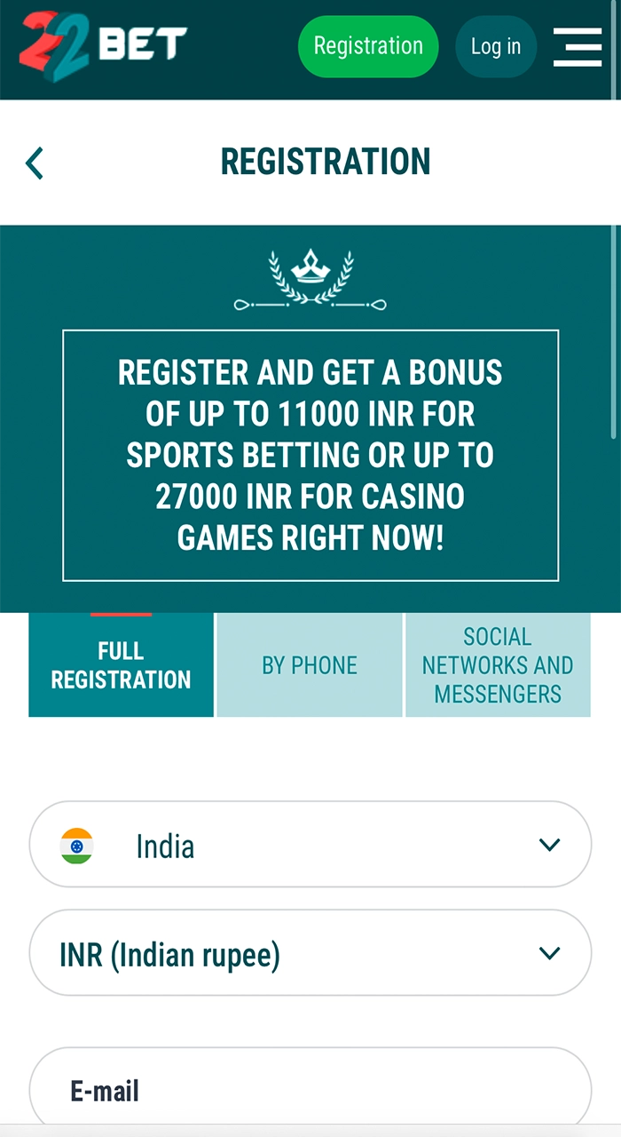 Register for 22Bet casino on the mobile version.