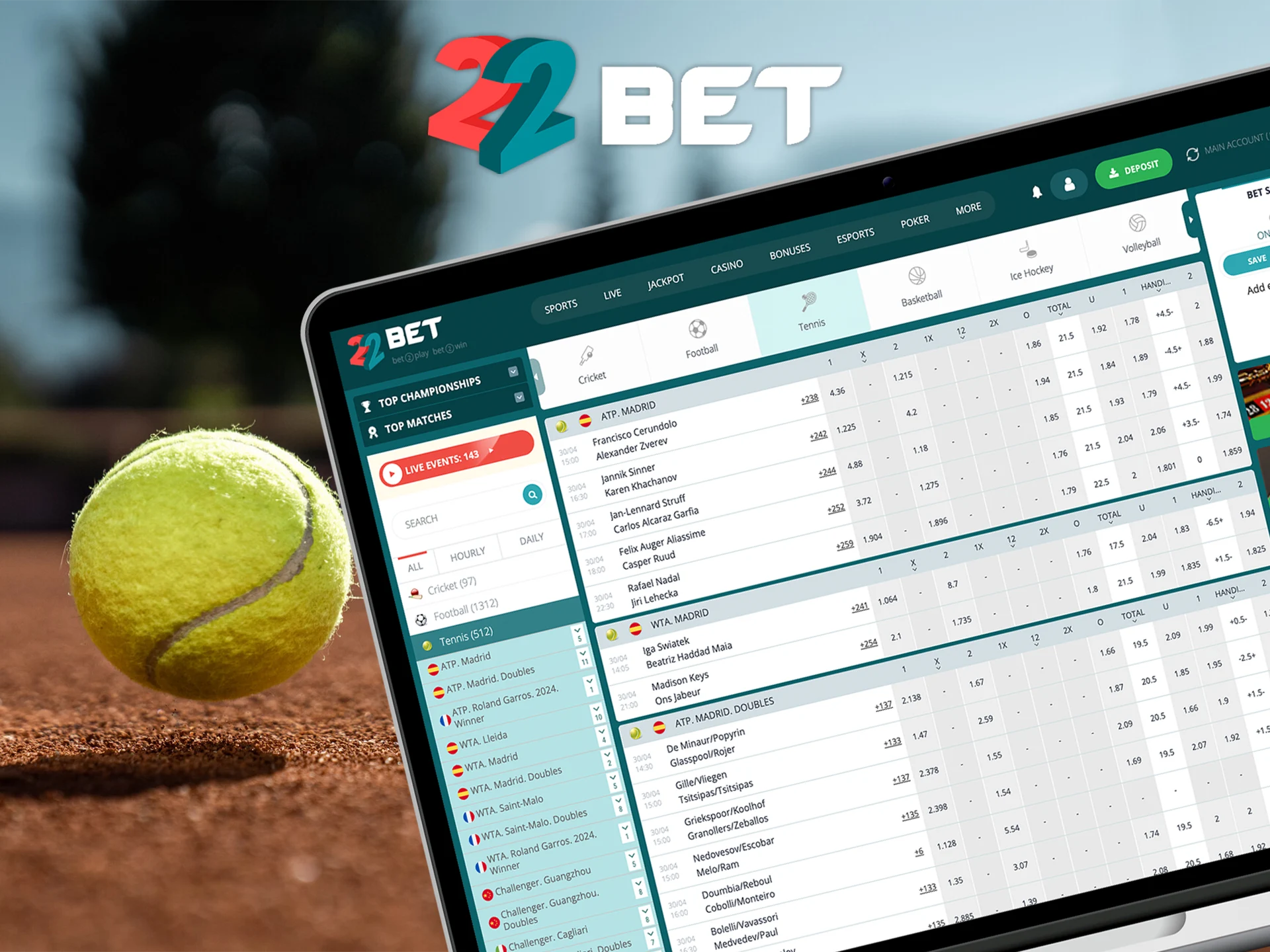 Sprognatise a tennis win with 22Bet.