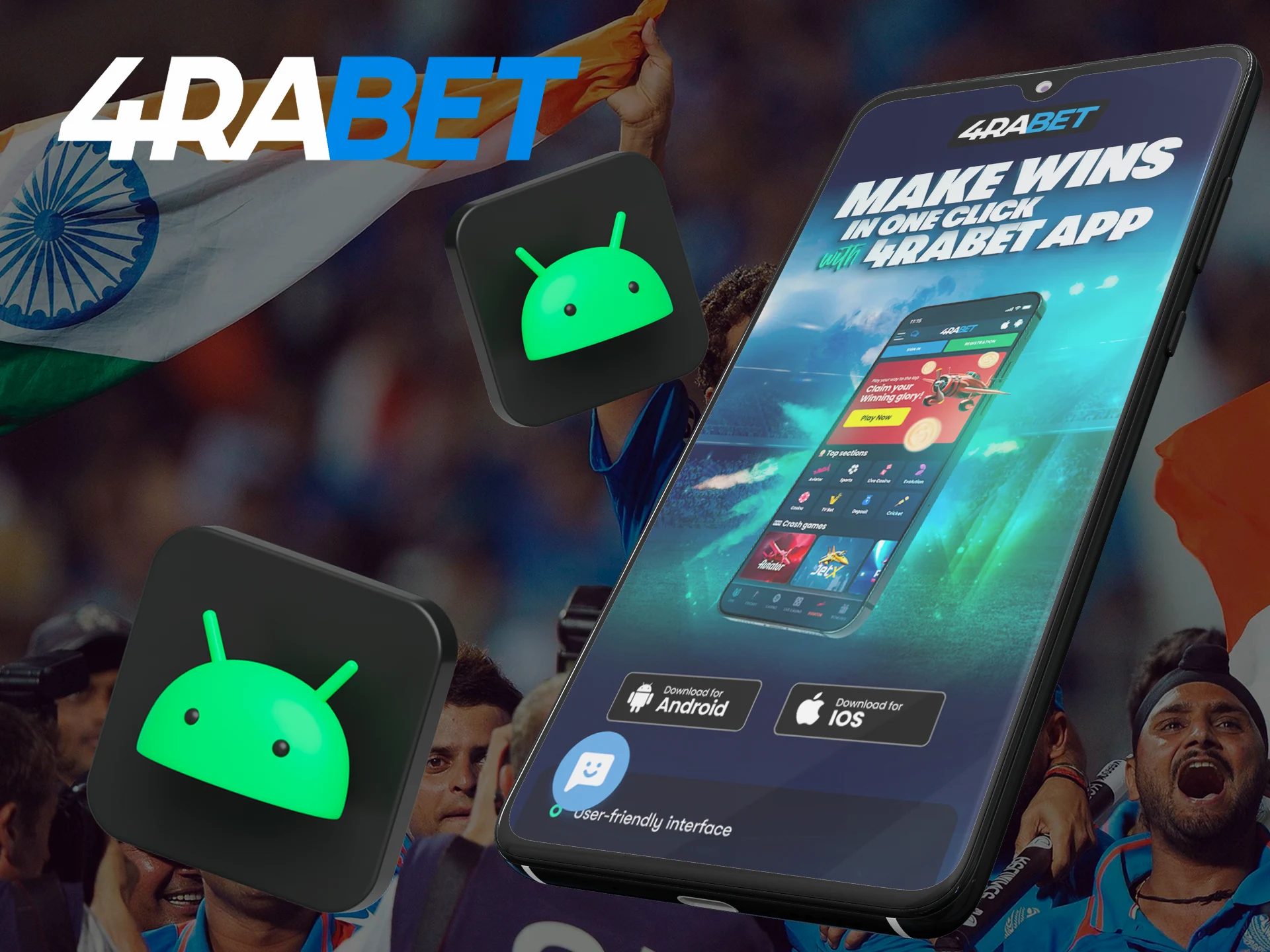 Start using the 4Rabet betting application for Android devices, which will allow you to place bets anywhere and anytime.