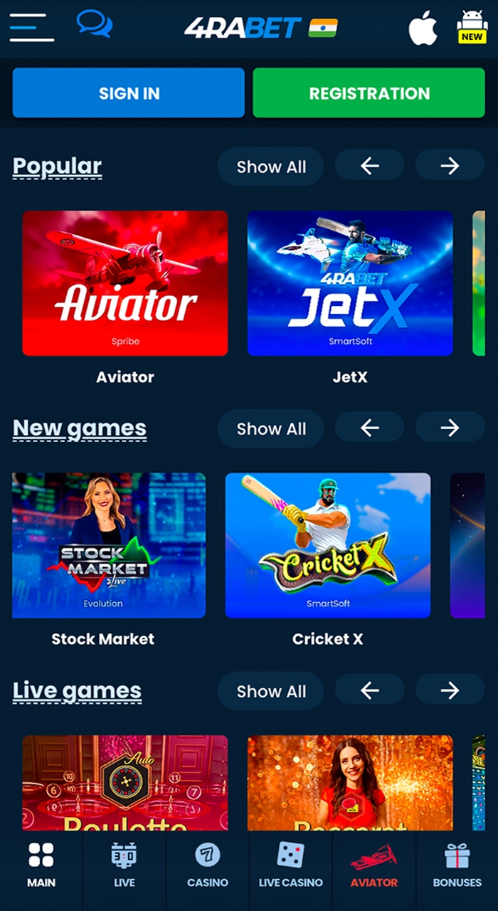 Screenshot of the section with casino games on the 4Rabet online mobile platform.