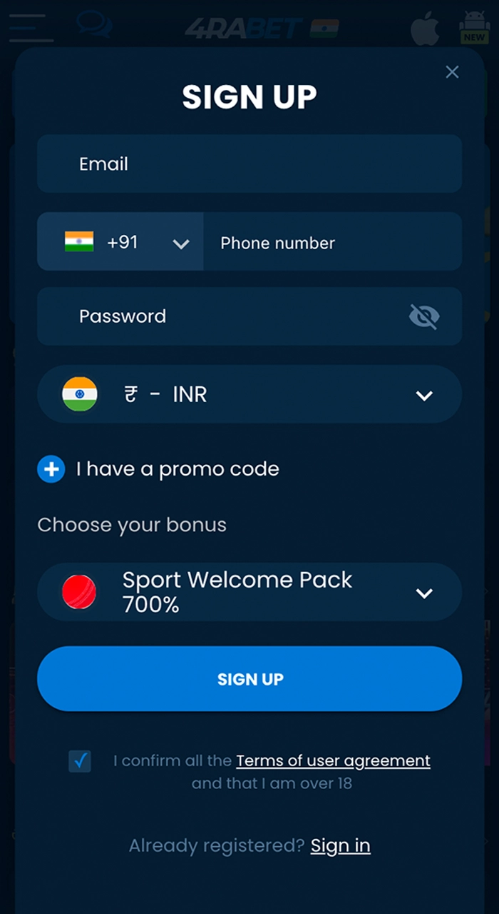Screenshot of the registration form on the 4Rabet online platform in India.