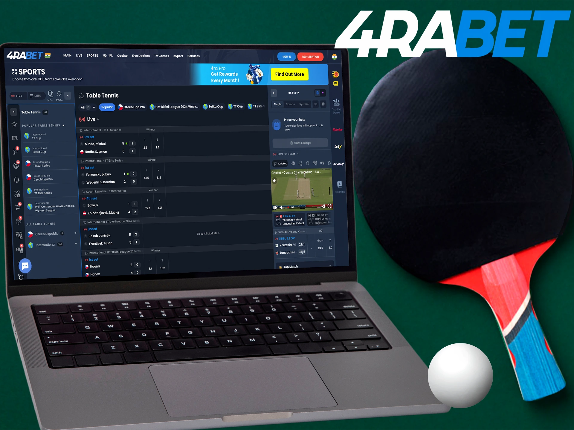 Try your luck at table tennis betting with 4RaBet.