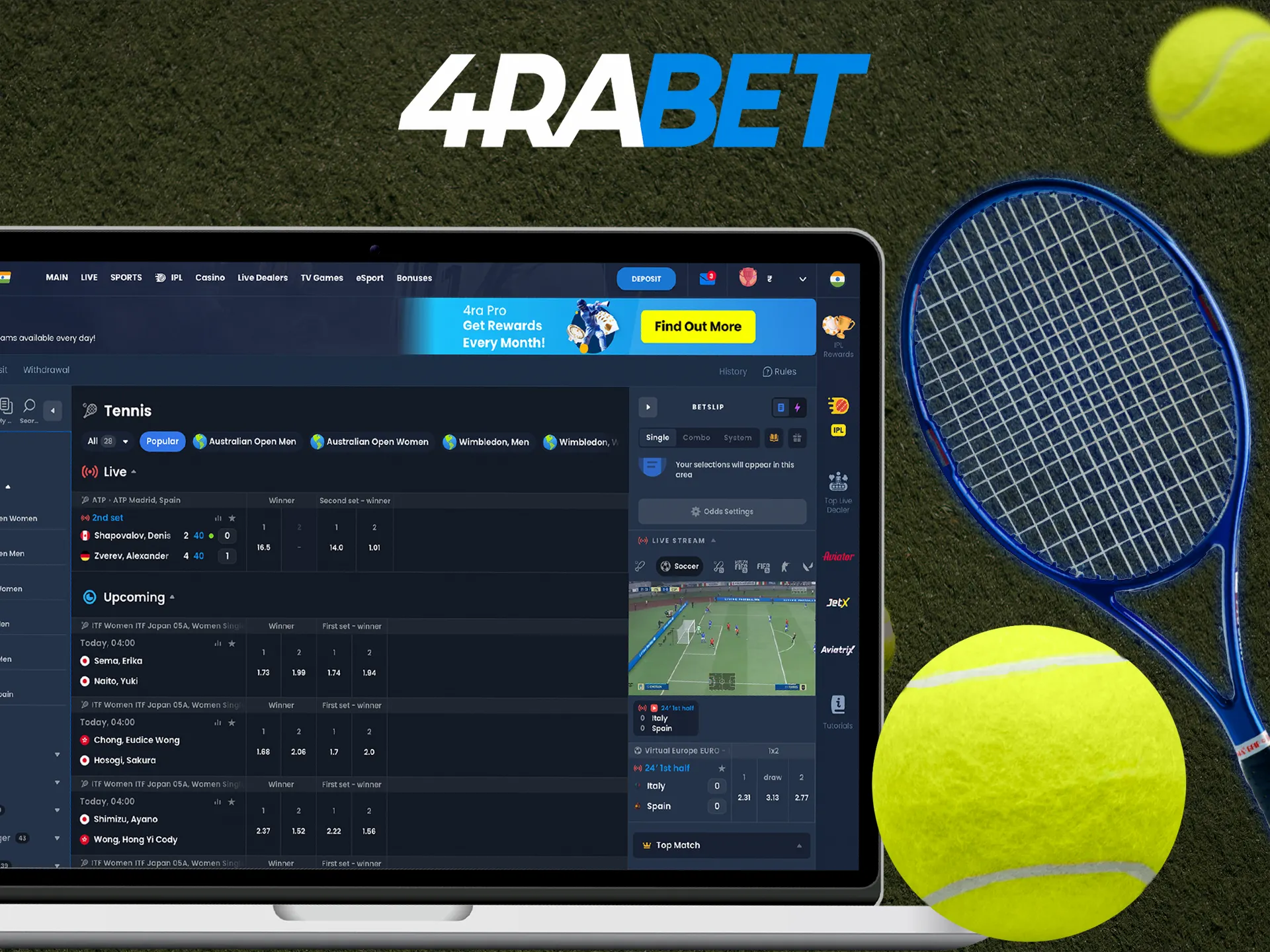 Visit the tennis betting section on the 4Rabet online platform, where you can find a large number of matches.