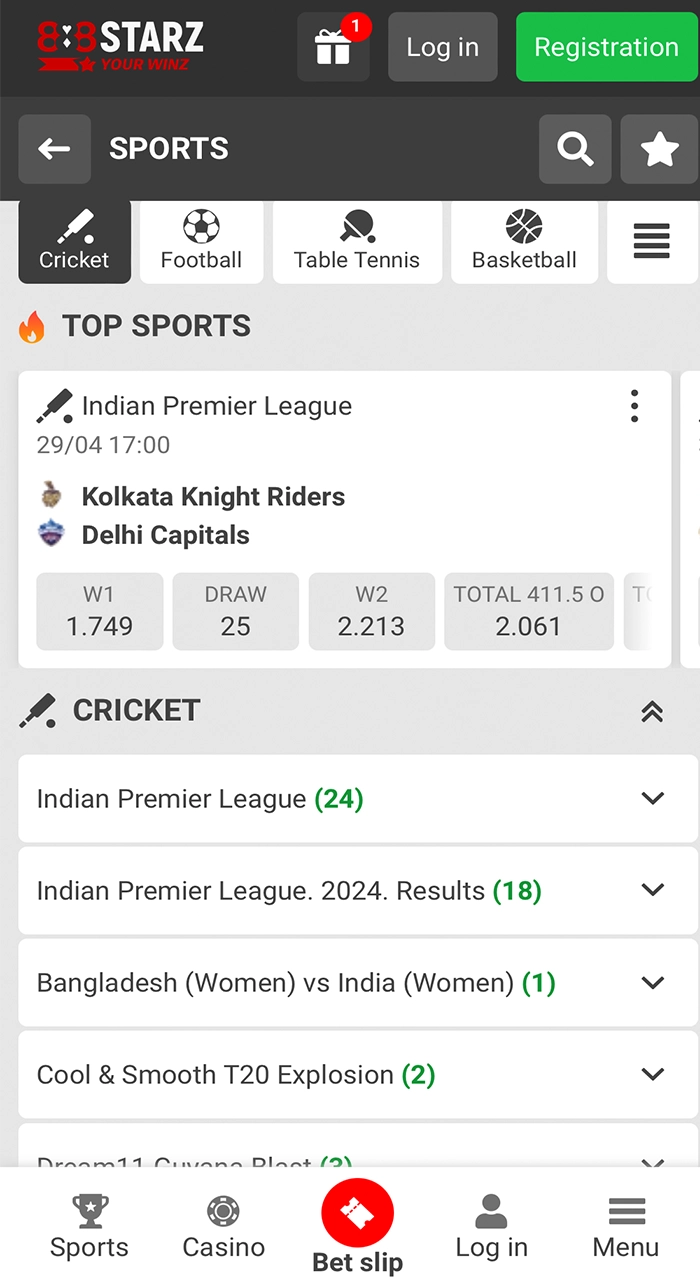 Bet on cricket on the mobile version of 888Starz Casino.