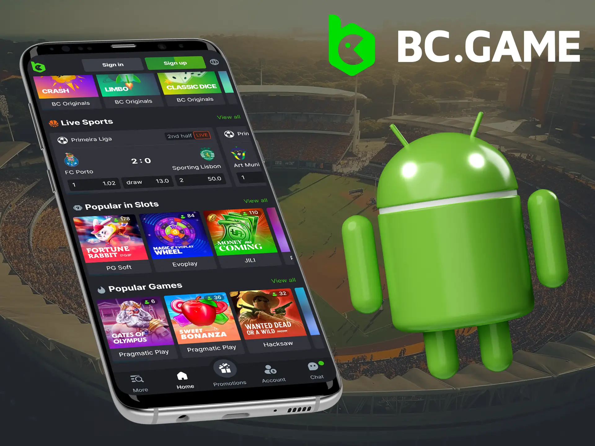 The BC Game mobile application is available for Android users, download the apk file and place bets and play online casinos on your smartphone.