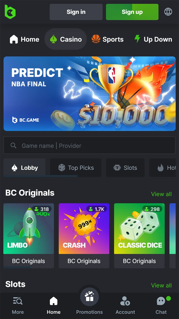 The BC Game casino section in the mobile version of the site, which also features games developed by the bookmaker itself.