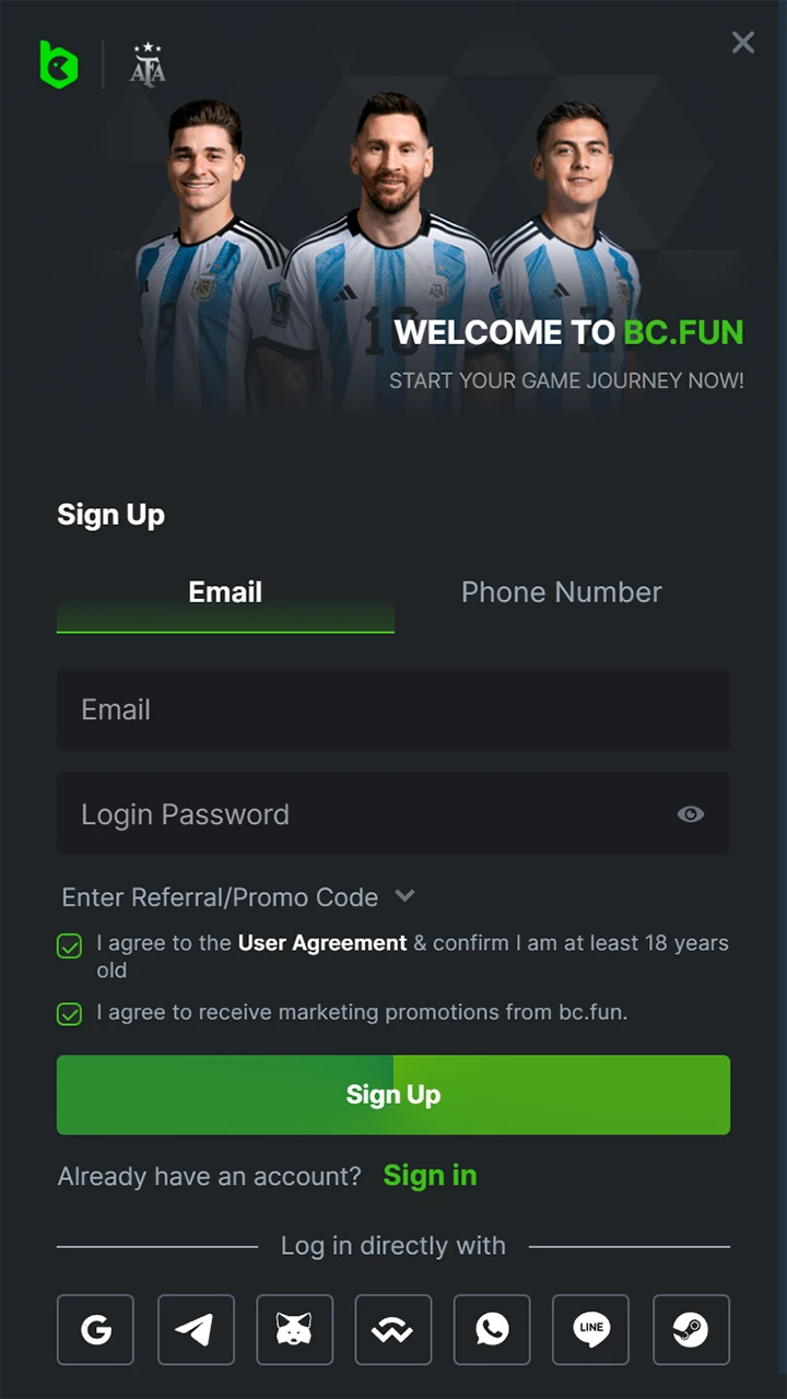 Screenshot of the registration page on the BC Game online casino website, which new users must visit before receiving full access to the gaming platform.