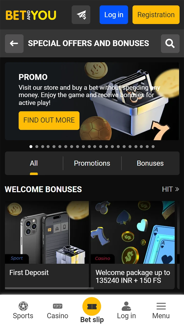 The page for bonuses and promotions on the mobile version of the Betandyou site, which contains all the offers for Indian players.