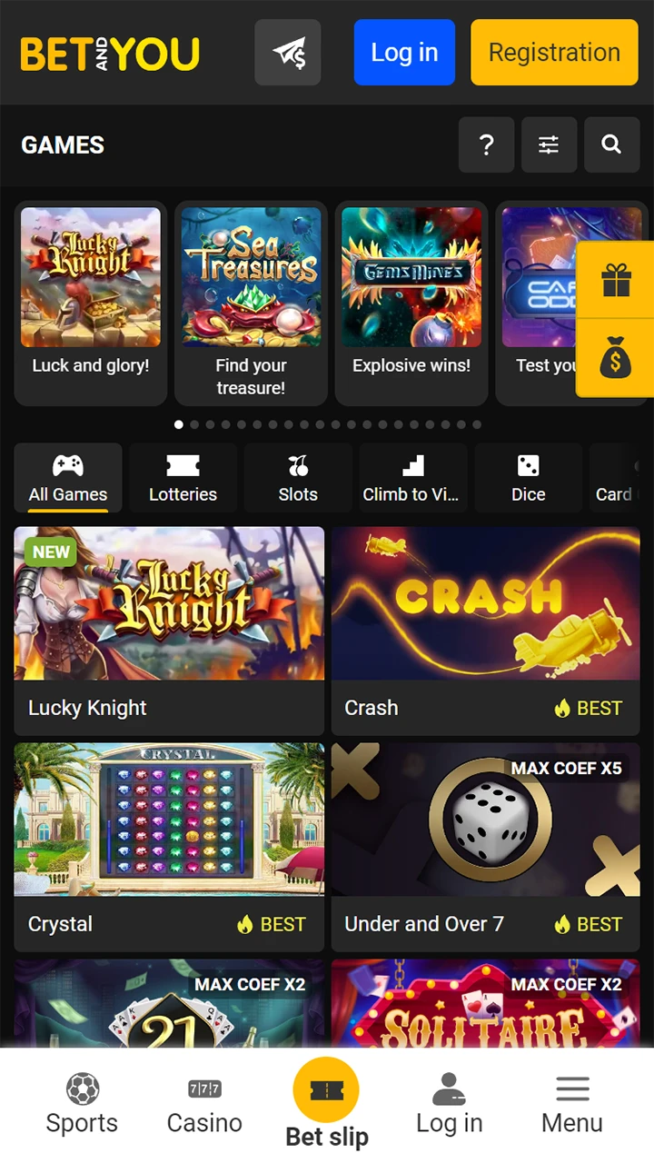 The Betandyou casino section on the mobile version of the site, which presents all the games that users can bet on on the platform.