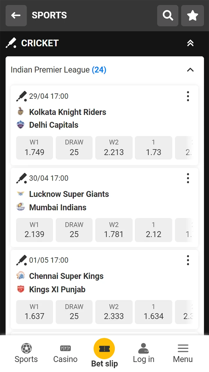 Page of the mobile version of the Betandyou website for betting on cricket, which presents all the current matches.