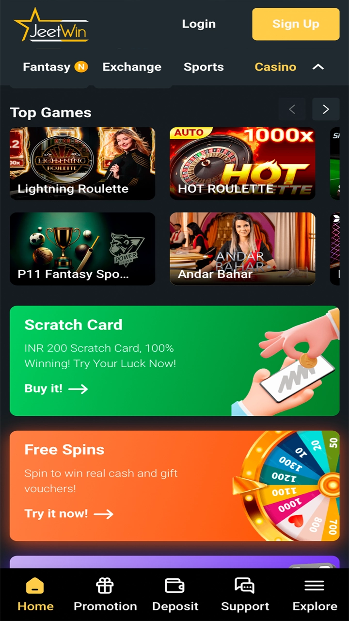 Go to the casino section in the mobile version of JeetWin.