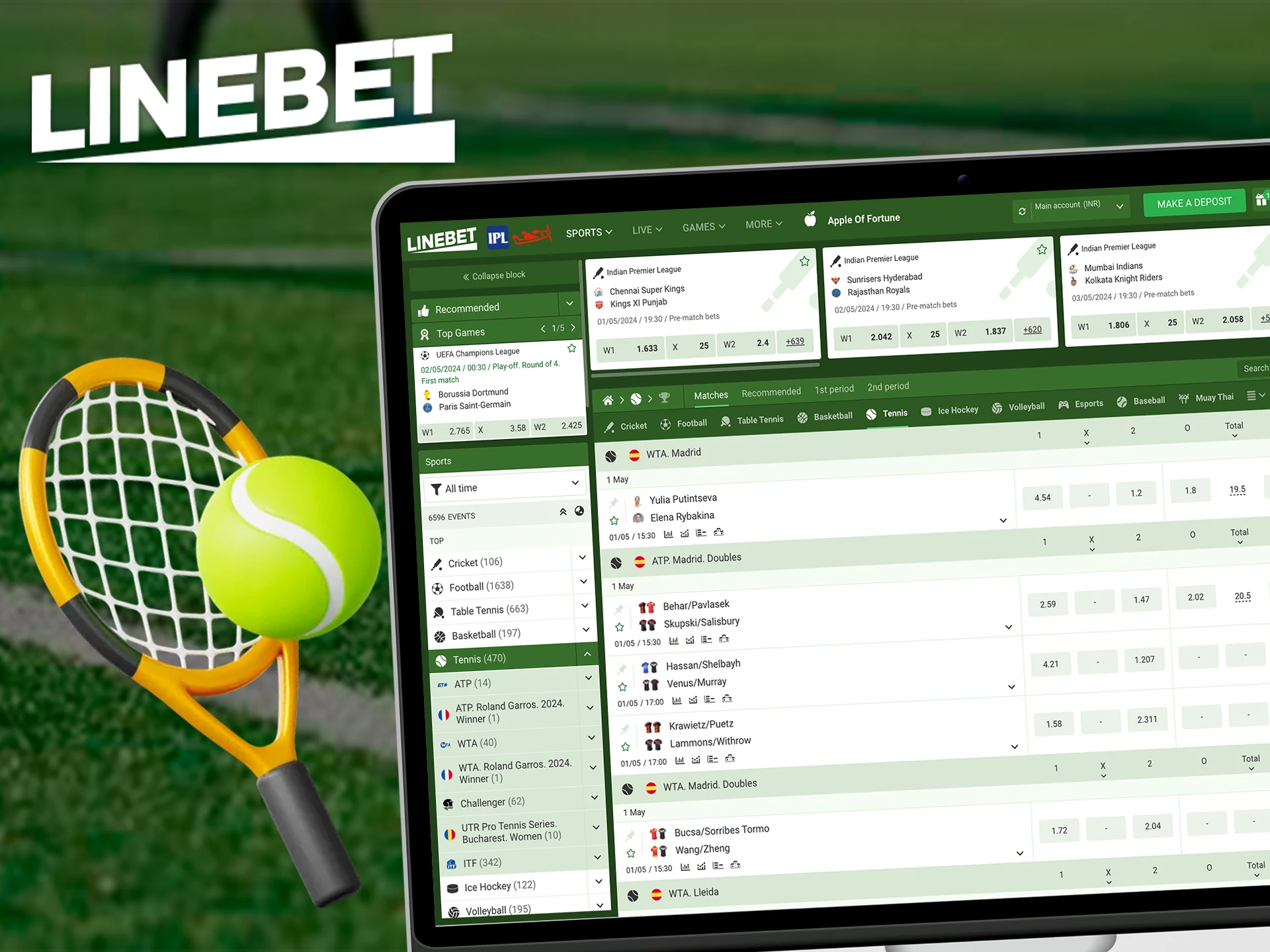 Make your tennis predictions at Linebet Casino.