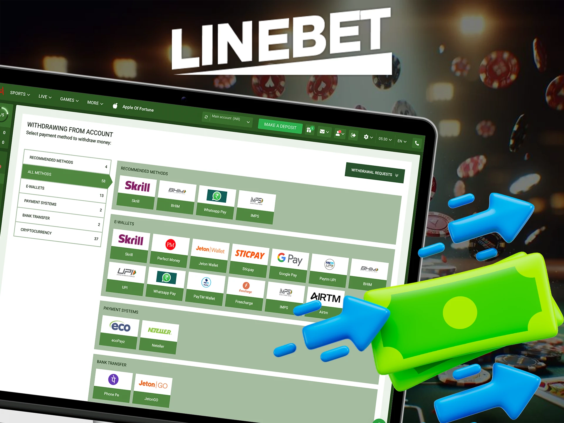 Withdraw your winnings at Linebet Casino.