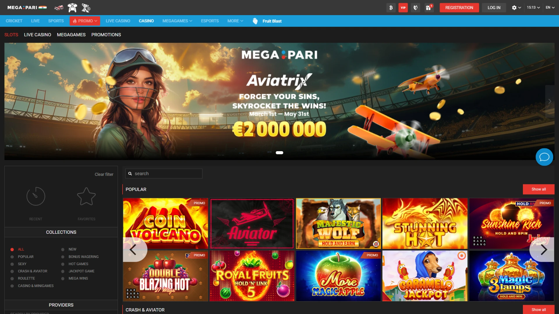 The screenshot shows the online slots section at Megapari casino, which offers a wide variety of games.