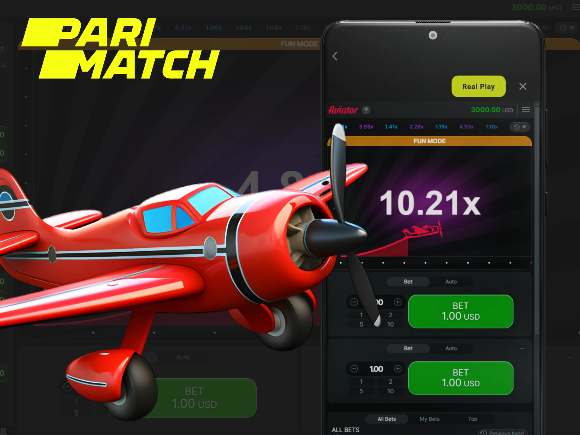 Aviator is one of the popular crash games that you can play on the Parimatch app.