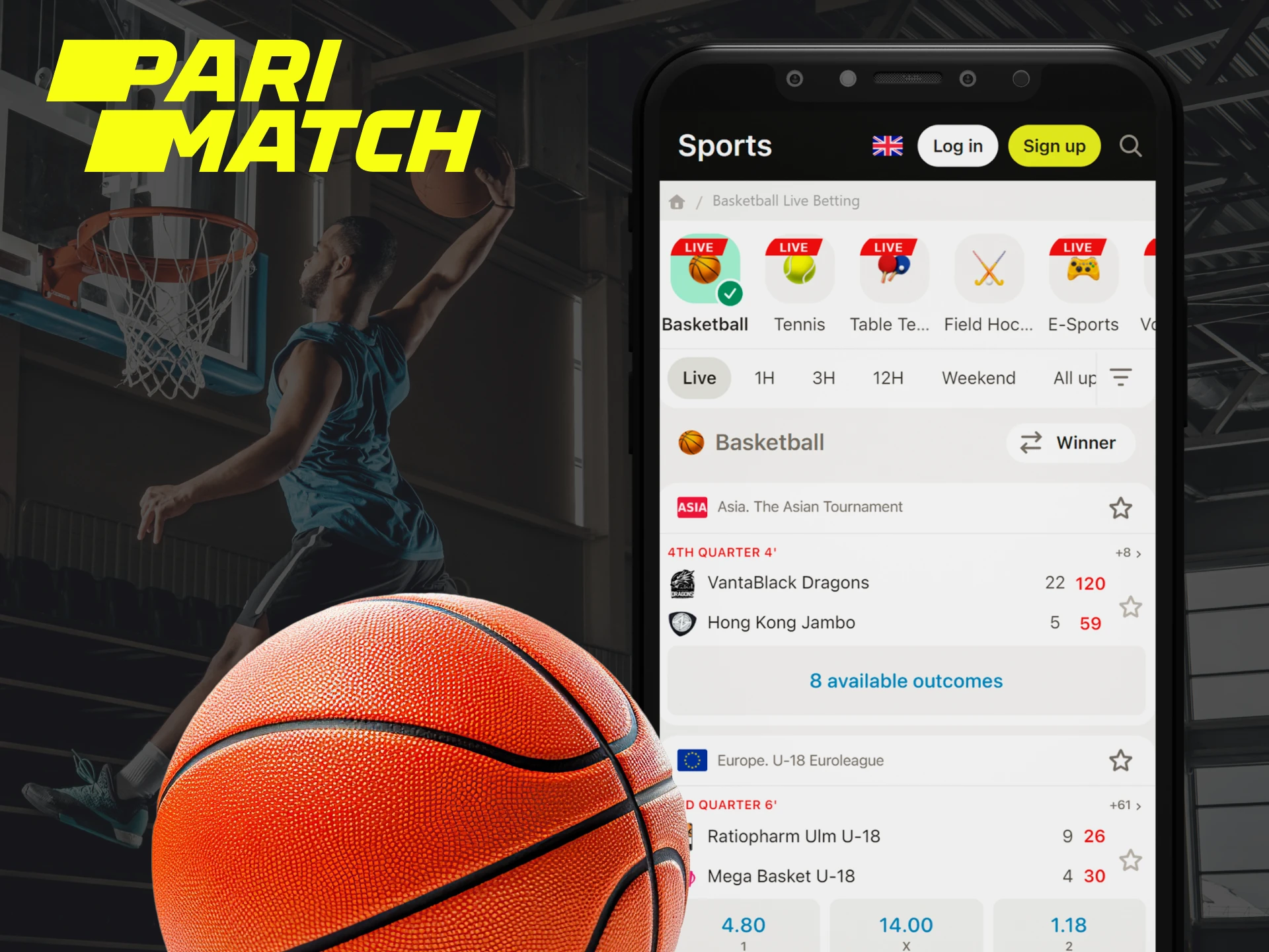 The Parimatch app has high odds for betting on basketball.