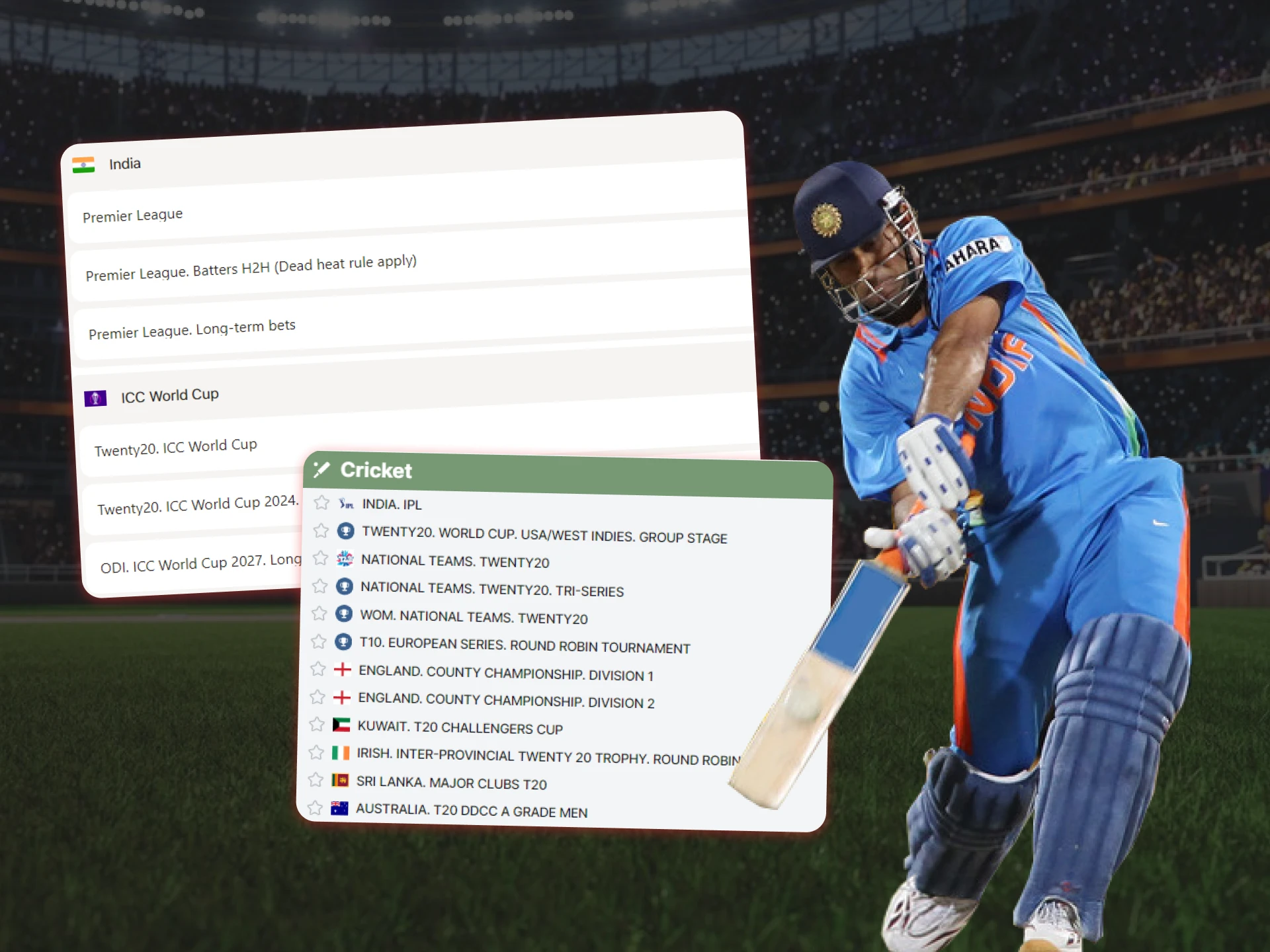 Cricket is one of the most popular sports available for betting. Each bookmaker has a separate section for convenient betting on cricket.