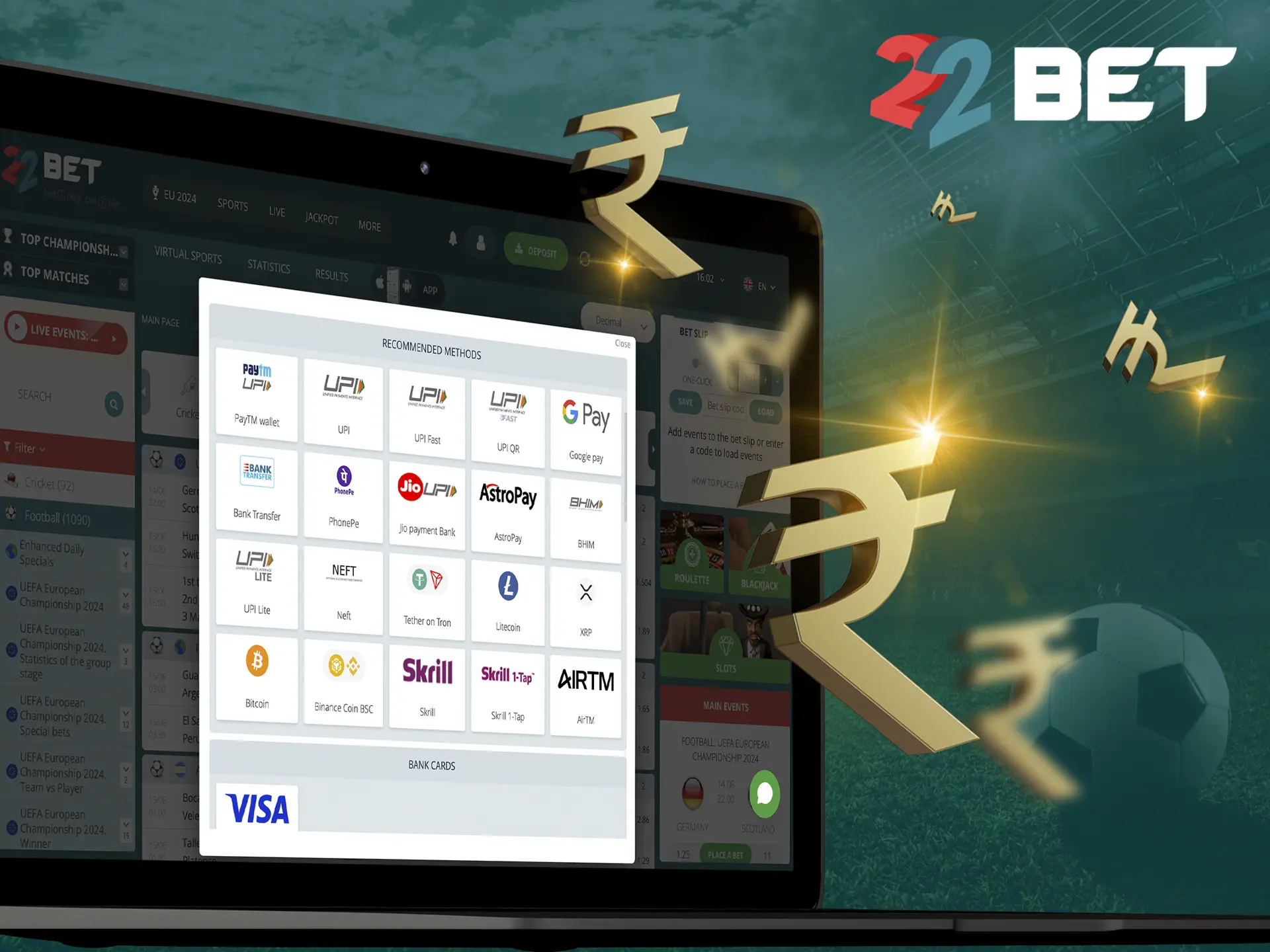 Choose a favourable for you and convenient method of replenishing your personal account in the bookmaker's office 22Bet.