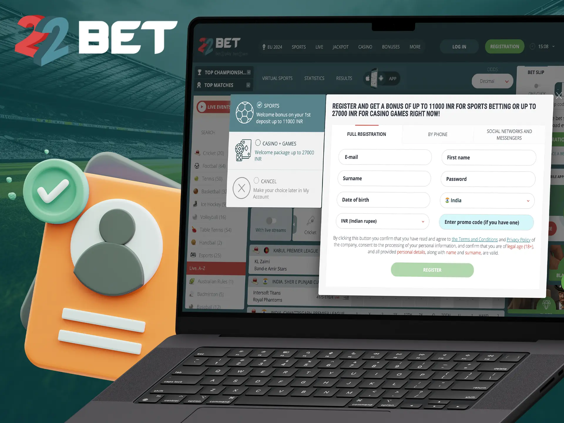 Sign up and get unforgettable emotions from victories when betting at 22Bet.